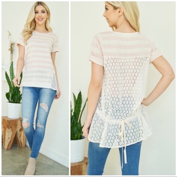 (66)New Ryu Areve Stripe Vintage Distress Wash Top with Crochet Back - Picture 1 of 7